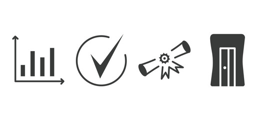 set of education and science filled icons. education and science glyph icons included bars, check mark, diploma with a ribbon, sharpener vector.