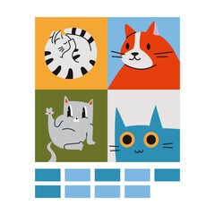 The window of the program for generating images, the AI interface that created cat drawings by prompt, cartoon style. Neural network art, artificial intelligence concept. Vector illustration.