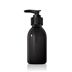 Blank black glass round bottle mockup with black pump isolated on white background. Translucent black glass packaging. Shampoo, soap. Dispenser with screw collars. 3d vector cosmetic mockup template