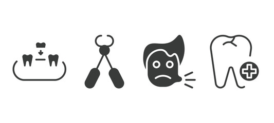 set of dental health filled icons. dental health glyph icons included overdenture, tooth pliers, sick boy, aid vector.
