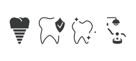 set of dental health filled icons. dental health glyph icons included fake tooth, prophylaxis, shiny tooth, dental chair vector.