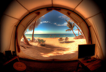 View from the tourist tent, tourist's point of view. Beach and sea shore. AI generated.