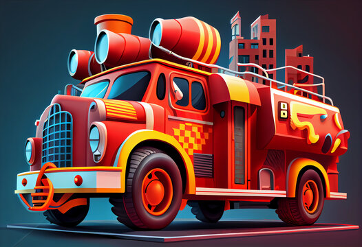 Cartoon red toy fire truck. AI generated.