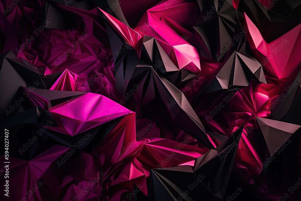 Poster polygonal black and pink abstract with spiky connection structure made with generative ai