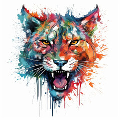 Wild cat head fiercely roaring against a white background. Colorful splatters of watercolor and ink. Created using generative artificial intelligence.