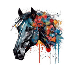 Horse. Created in color with energetic brushstrokes and splatters of watercolor and ink. Made using generative artificial intelligence.