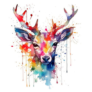 Deer created in color with energetic brushstrokes and splatters of watercolor and ink. Made using generative artificial intelligence.