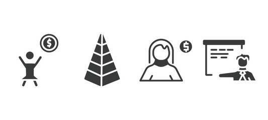 set of business and finance filled icons. business and finance glyph icons included woman holding big coin, stats pyramid, woman with money, man presentation vector.