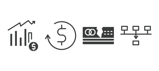 set of business and finance filled icons. business and finance glyph icons included profit report, return of investment, broken credit card, item connections vector.