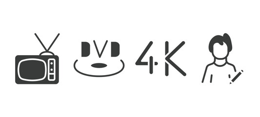 set of cinema and theater filled icons. cinema and theater glyph icons included television with antenna, dvd, 4k, author vector.