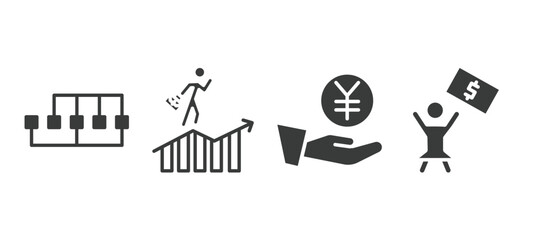 set of business and finance filled icons. business and finance glyph icons included points connected chart, success man, yen coin on hands, woman with dollar bill vector.
