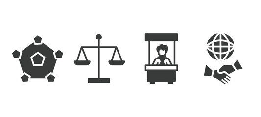 set of business and finance filled icons. business and finance glyph icons included item interconnections, scale in balance, bank teller, partners in business vector.