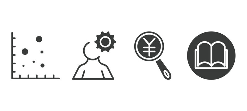 set of business and finance filled icons. business and finance glyph icons included scatter chart, man with solutions, yen business search, story vector.
