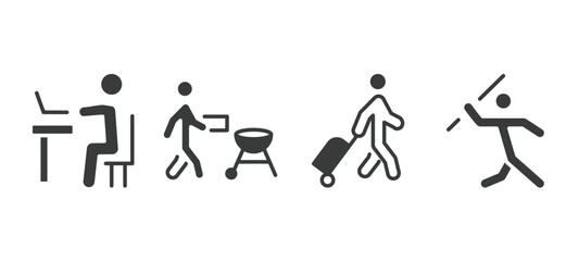 set of behavior and action filled icons. behavior and action glyph icons included man typing, man with, man travelling, throwing javelin vector.