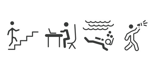 set of behavior and action filled icons. behavior and action glyph icons included climbing stairs, man working at desk, man diving, man shouting vector.