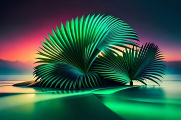Fototapeta na wymiar A green palm leaf is lit up against a colorful background, generated Ai
