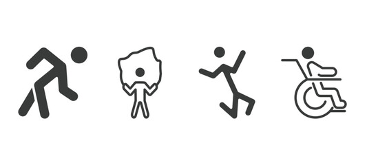 set of behavior and action filled icons. behavior and action glyph icons included stick man excersicing, rope jumping, stick man jumping, man on wheelchair vector.