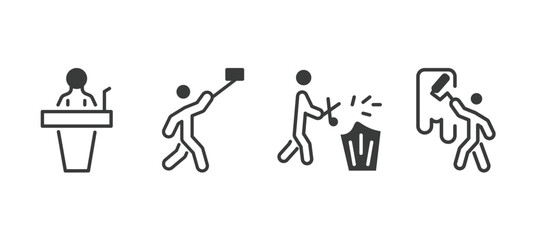 set of behavior and action filled icons. behavior and action glyph icons included stick man speech, man taking a selfie, prune hedge, man painting wall vector.