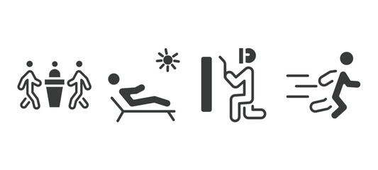 set of behavior and action filled icons. behavior and action glyph icons included three men conference, man sunbathing, man welding, man running vector.