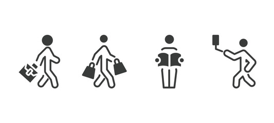 set of behavior and action filled icons. behavior and action glyph icons included going to work, shopper man, man reading newspaper, man selfie vector.