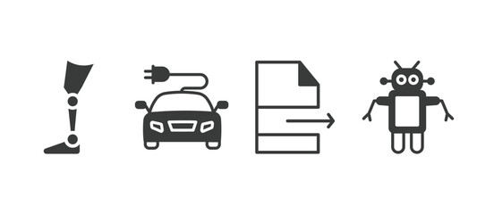 set of ai and future technology filled icons. ai and future technology glyph icons included prosthesis, solar energy car, file transfer, robots vector.