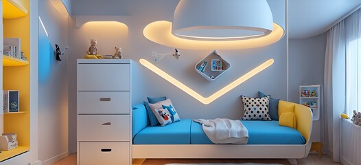 Photo of a colorful and cozy kid's bedroom with a blue bed and playful decor