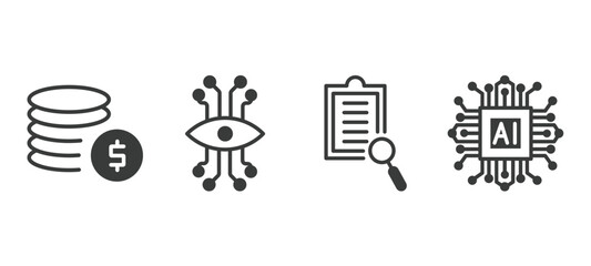 set of ai and future technology filled icons. ai and future technology glyph icons included coins, bionic eye, evaluation, ai grid vector.