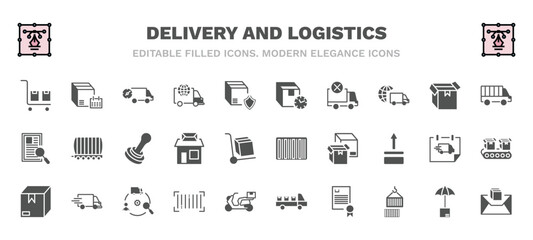 set of delivery and logistics filled icons. delivery and logistics glyph icons such as package on trolley, fast delivery, delay, cargo bus, stamp, bar code, package, barcode, charter, air mail