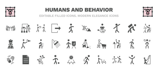 set of humans and behavior filled icons. humans and behavior glyph icons such as public work, give over, construction worker, online business, sitting down, woman sweeping, high five, playing with a