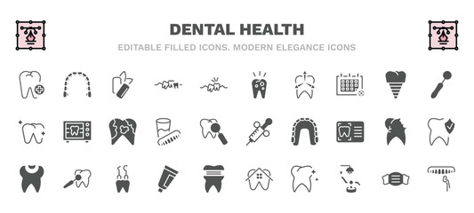 Fototapeta na wymiar set of dental health filled icons. dental health glyph icons such as aid, mint gum, decay, dentist mirror, dental plaque, needle, filling, toothpaste tube, tooth whitening, veneer vector.