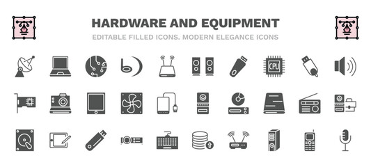 set of hardware and equipment filled icons. hardware and equipment glyph icons such as parabolic, circuits, two stereo speakers, loudspeakers, big tablet, computer case, harddrive, video projector,