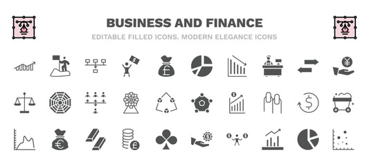 set of business and finance filled icons. business and finance glyph icons such as increase rate, item connections, portion pie chart, yen coin on hands, increase team work, item interconnections,