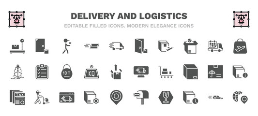 Fototapeta na wymiar set of delivery and logistics filled icons. delivery and logistics glyph icons such as delivery weighing, courier, to the door, duty free, weight limit, monitor, tax free, tings, fragile,