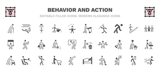 set of behavior and action filled icons. behavior and action glyph icons such as old man walking, man showering, carry garbage, three men conference, shopper man, prune hedge, old with cane,