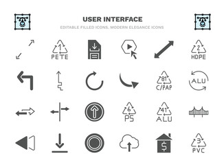 set of user interface filled icons. user interface glyph icons such as expand arrows, download data, scale arrows, arrow heading up, c/pap 81, crossroads, 41 alu, download arrow, cloud upload, 3 pvc