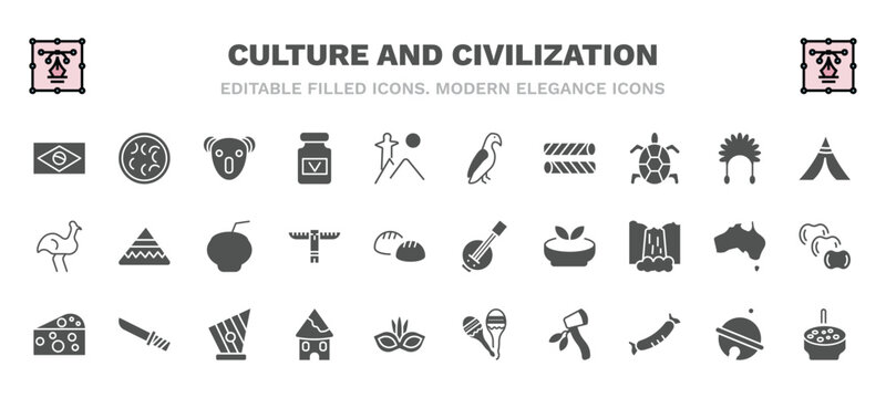 set of culture and civilization filled icons. culture and civilization glyph icons such as brazil flag, australian koala, aw on a branch, native american wigwam, kalabas, kora, goat cheese, indian