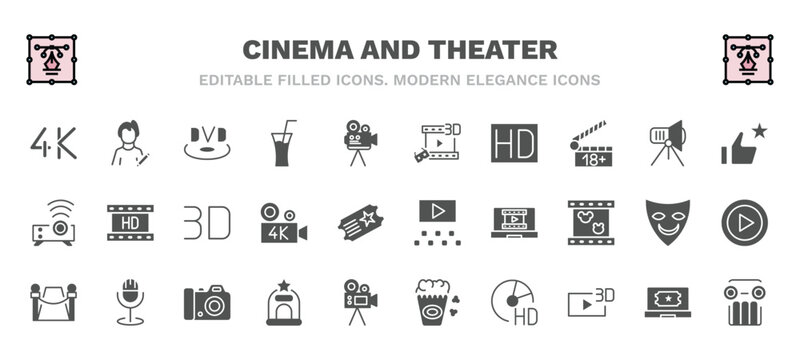 set of cinema and theater filled icons. cinema and theater glyph icons such as 4k, dvd, 3d movie, thumb up with star, 3d, film viewer, red carpet, cinema ticket window, hd dvd, theatre pillar