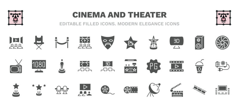 set of cinema and theater filled icons. cinema and theater glyph icons such as movie theatre, cinema borders, celebrity, camera lens, movie award, snack bar, star movie award, people watching a