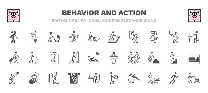 set of behavior and action filled icons. behavior and action glyph icons such as man spraying deodorant, man with baby stroller, man on treadmill, typing, lifting bar, stick speech, taking a selfie,