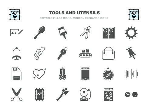 set of tools and utensils filled icons. tools and utensils glyph icons such as edit picture, tack save button, doors, rubber bands, bag with big handle, tattoo, orientation compass, postage,