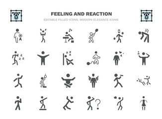 set of feeling and reaction filled icons. feeling and reaction glyph icons such as special human, lazy human, cold human, excited emotional hopeless drained blessed curious sexy vector.