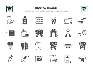 set of dental health filled icons. dental health glyph icons such as denture, dentures, dental folder, dentist, tooth pliers, apicoectomy, oral, tampon, aid, clean tooth vector.