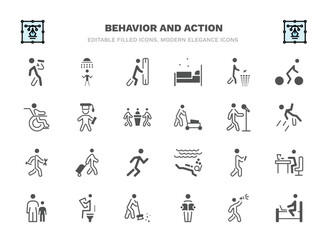set of behavior and action filled icons. behavior and action glyph icons such as man drinking, man pushing, throwing trash, stick man graduated, singer with microphone, travelling, with mobile