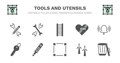 set of tools and utensils filled icons. tools and utensils glyph icons such as cross wrench, hanging ladder, chote box, ringing, tiny key, tiny key, body thermometer, basic square, windmills, trash
