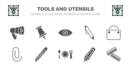 set of tools and utensils filled icons. tools and utensils glyph icons such as school push pin, optical, ink pen, bag with big handle, attachments, attachments, pencil tool, dining, highlight, combs