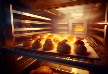 Many breads and pastry coming out from oven in bakery. AI generative.