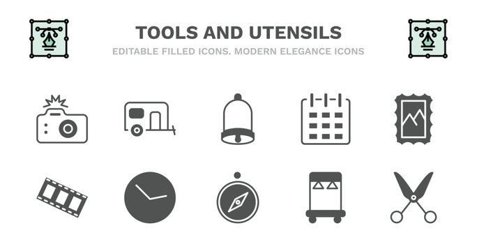 set of tools and utensils filled icons. tools and utensils glyph icons such as house on wheels, hanging bell, calendar page, postage, film strip photograms, film strip photograms, circular clock,