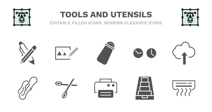 set of tools and utensils filled icons. tools and utensils glyph icons such as edit picture, pepper container, clocks, up arrow and cloud, rubber bands, rubber bands, open scissors, print button,