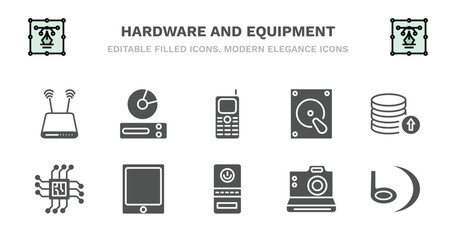set of hardware and equipment filled icons. hardware and equipment glyph icons such as cd room, keypad phone, harddrive, recharge, big processor, big processor, big tablet, computer case, camera,