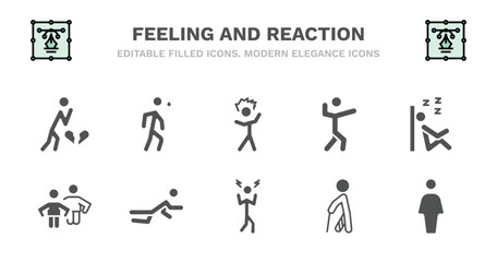set of feeling and reaction filled icons. feeling and reaction glyph icons such as anxious human, irritated human, amazing human, sleepy content content down aggravated hurt full vector.